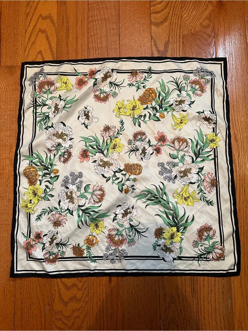 Vintage Style Floral Botanical Square Scarf 22x22 Ivory Black Border Hair Neck
